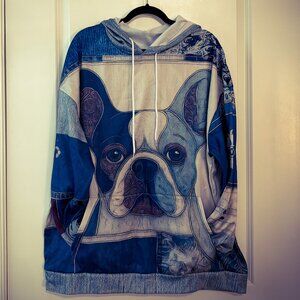 Denim Dog Print Art Casual Hoodie with a French Bulldog graphic Size 2XL